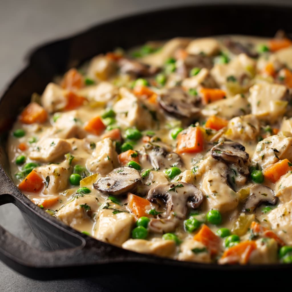 Close up of crustless chicken pot pie skillet showing chicken, vegetables, and light creamy sauce
