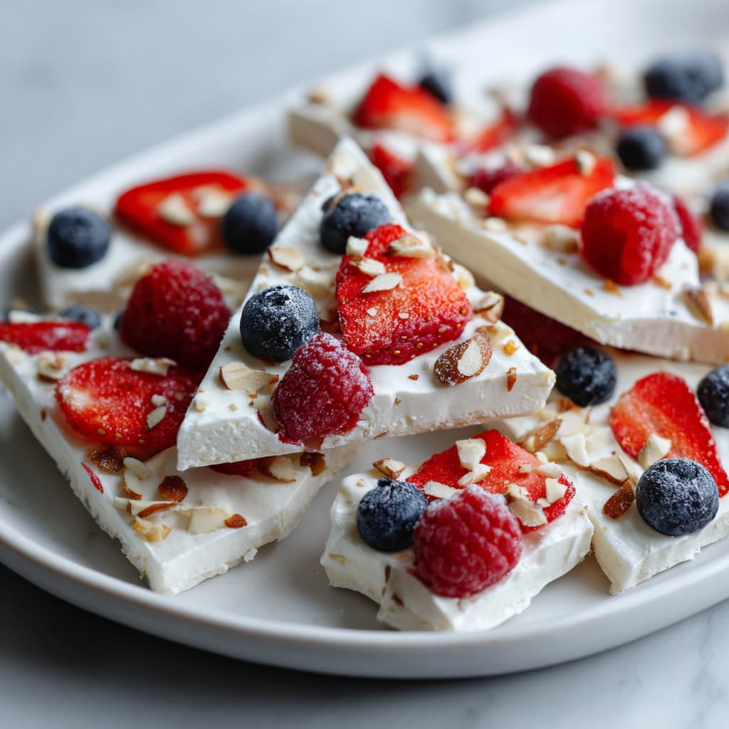 Close up of frozen Greek yogurt bark pieces topped with strawberries, blueberries, raspberries, and chopped almonds on a white plate.