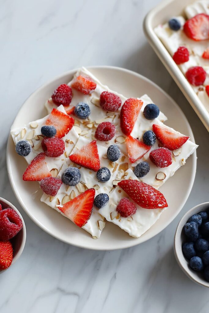 Frozen Greek yogurt bark topped with strawberries, blueberries, raspberries, and chopped almonds, served on a plate with extra berries on the side.