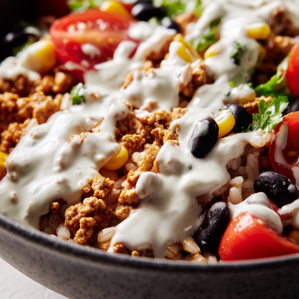 Close-up of a high protein taco bowl with seasoned ground turkey, rice, beans, corn, and Greek yogurt sauce.