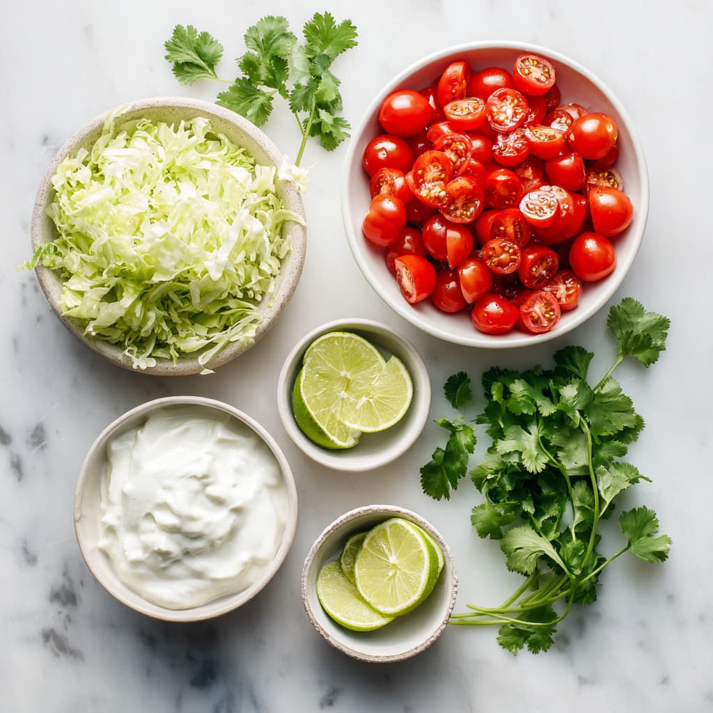 Fresh taco bowl toppings including lettuce, tomatoes, cilantro, and Greek yogurt sauce.