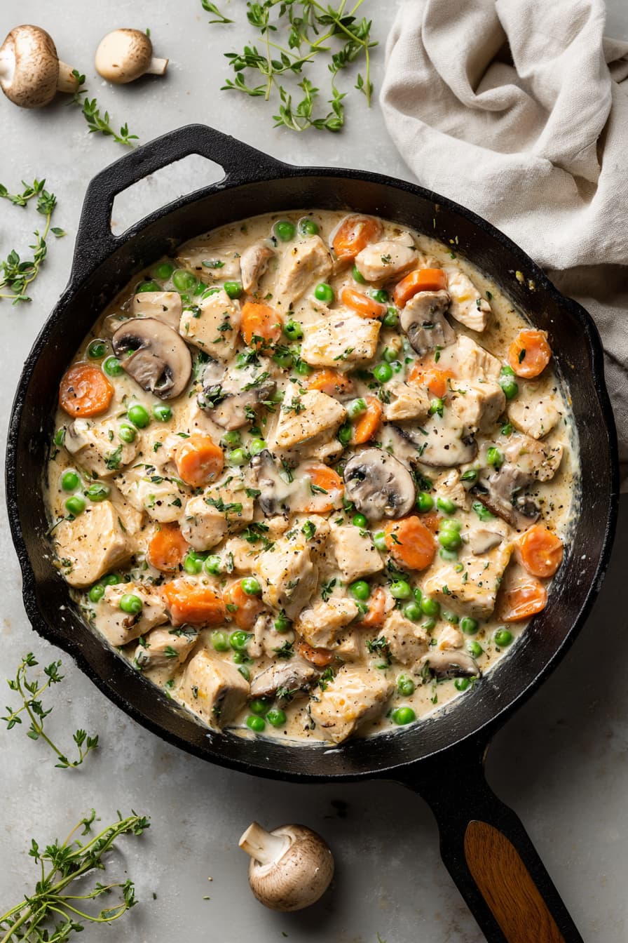 Overhead view of a low calorie high protein chicken pot pie skillet with chicken, vegetables, and a light creamy sauce