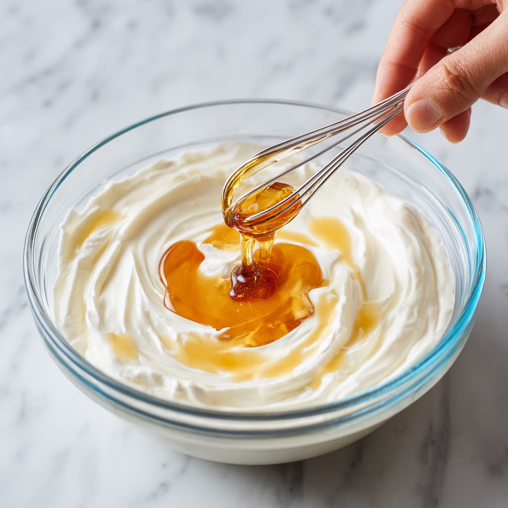Mixing Greek yogurt with honey and vanilla in a bowl for the yogurt bark base.