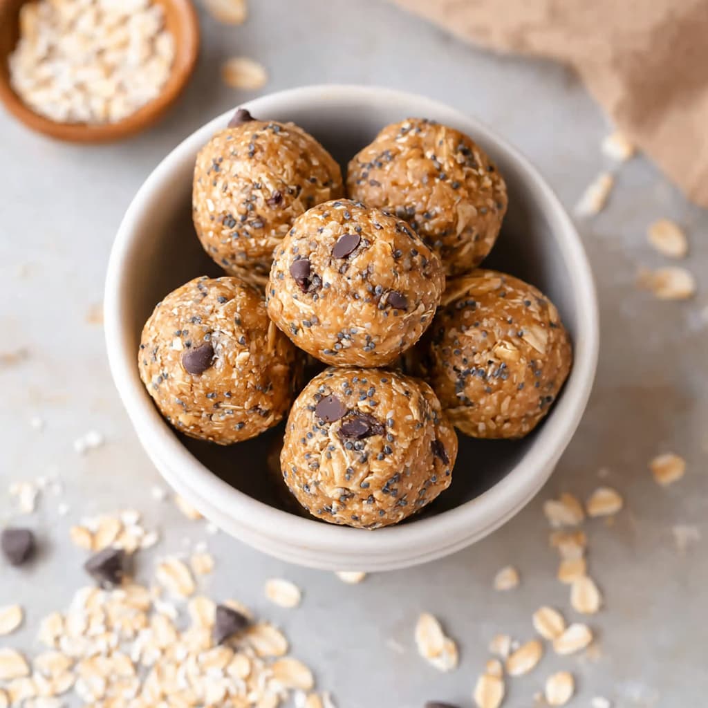 Bowl of no bake oatmeal protein balls made with oats, chia seeds, and chocolate chips on a light surface with scattered oats.