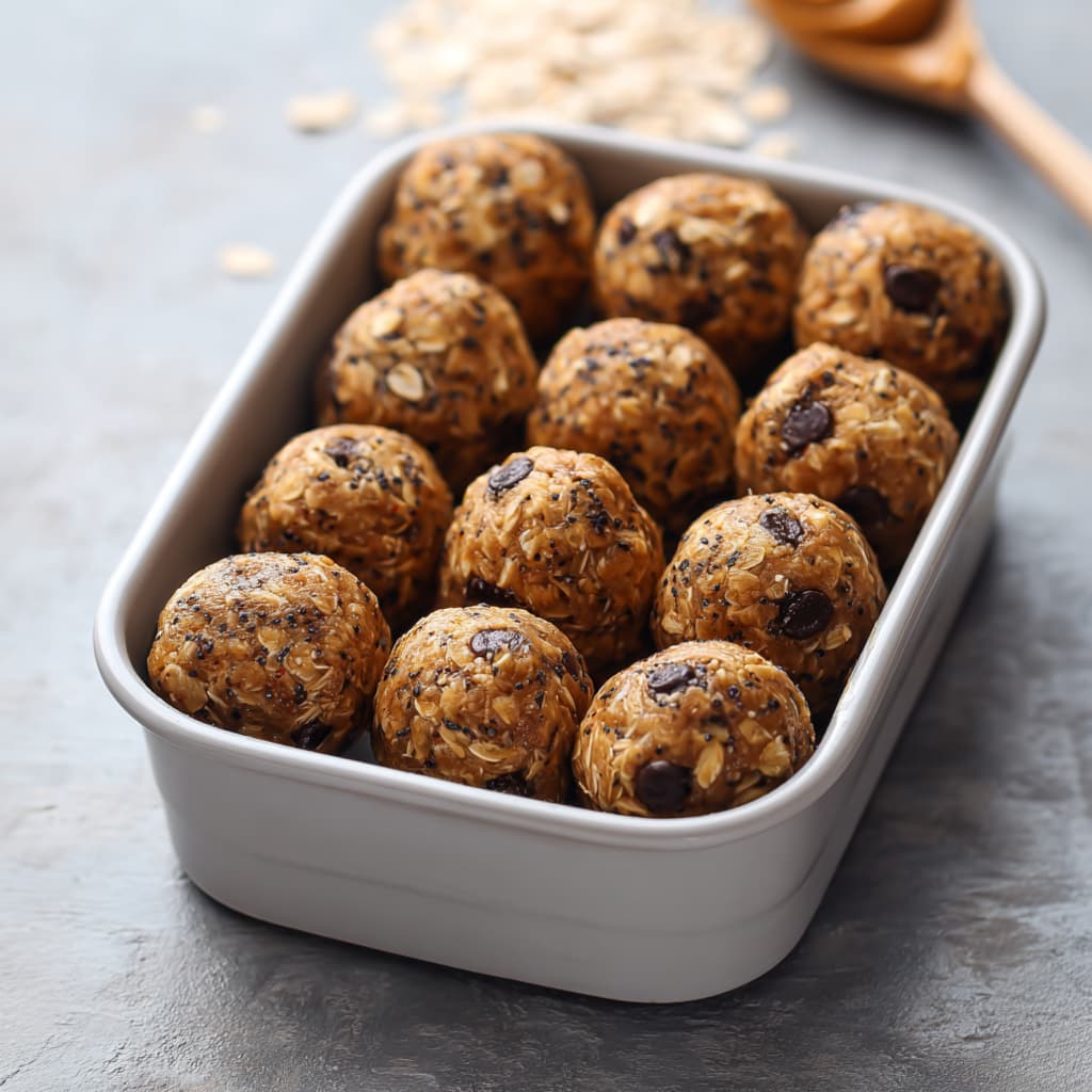 Tray filled with no bake oatmeal protein balls made with oats, chia seeds, and chocolate chips on a grey surface.
