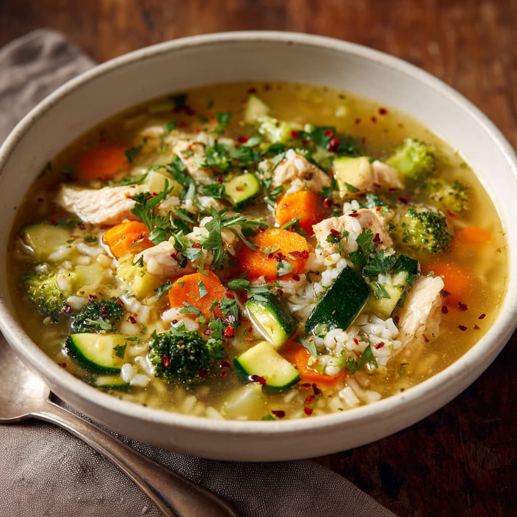 Chicken vegetable soup served in a bowl with parsley and chili flakes.