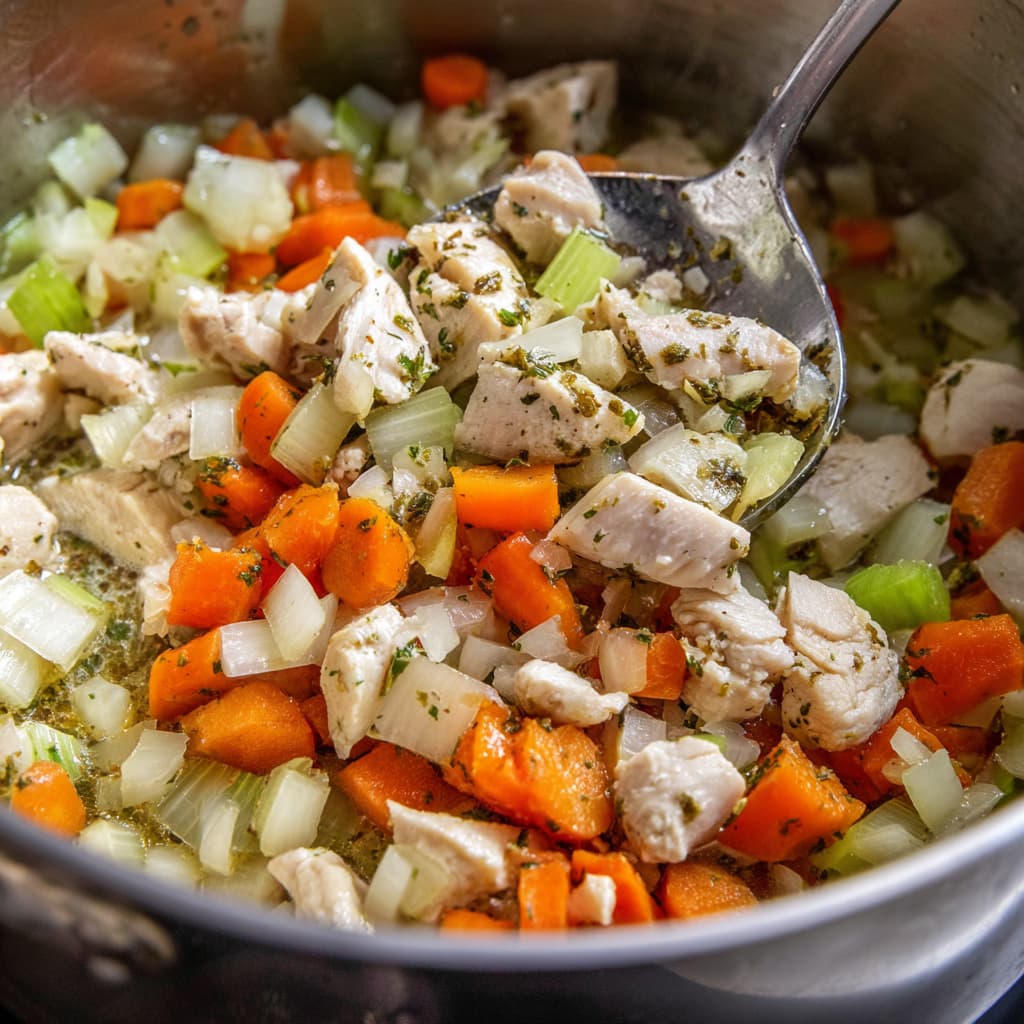 Chicken pieces added to sautéed vegetables in the pot.
