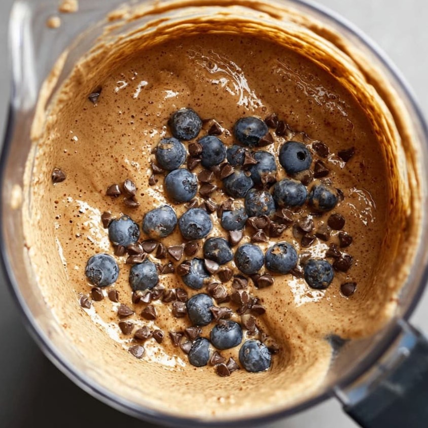Blended cottage cheese muffin batter mixed with blueberries and mini chocolate chips inside a blender pitcher.