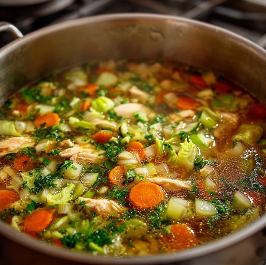 Zucchini, cabbage or spinach, and broccoli florets added into the soup pot.