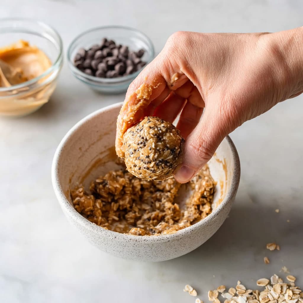 Oatmeal protein ball mixture with chocolate chips stirred in and extra oats and water nearby for texture adjustment.