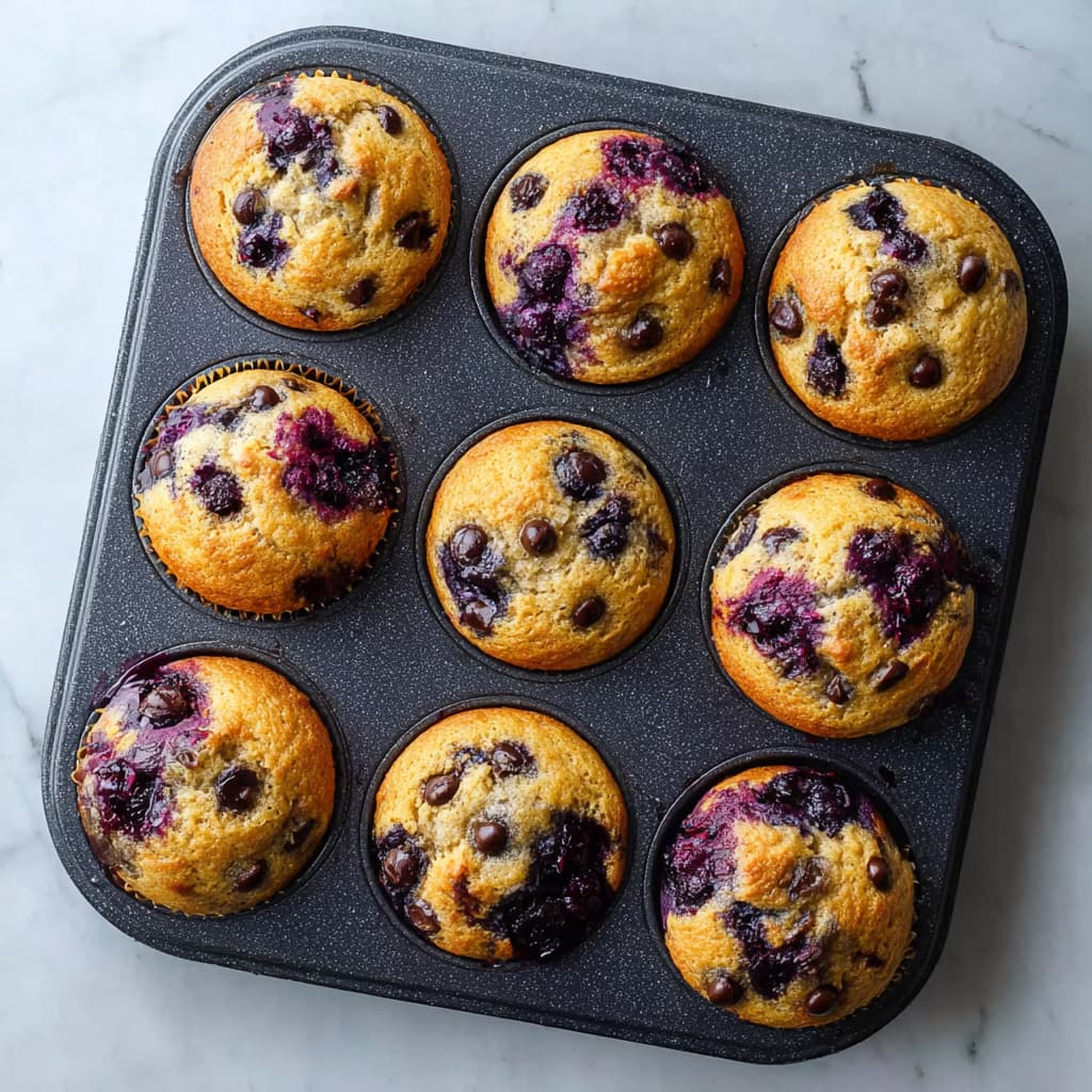 Freshly baked blueberry cottage cheese muffins with melted mini chocolate chips in a muffin pan.