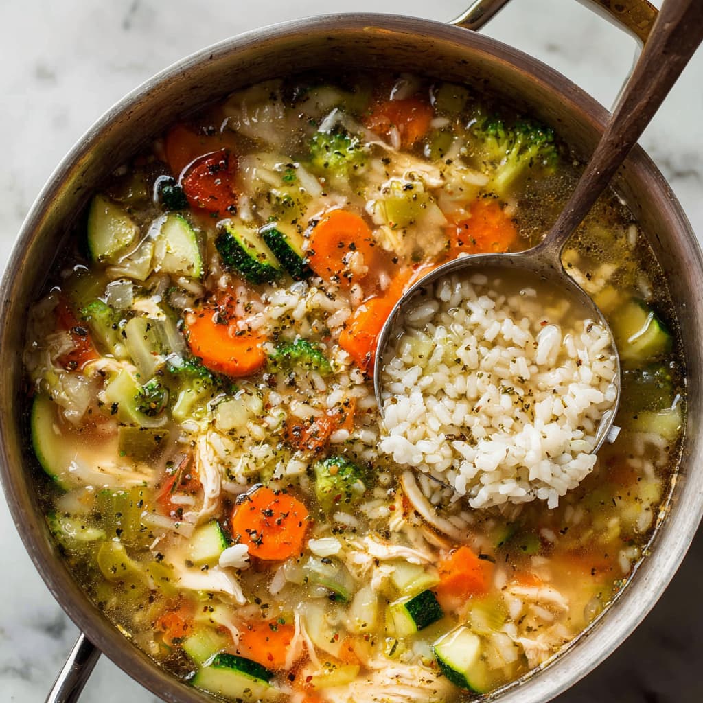 Cooked rice or quinoa added to chicken vegetable soup.