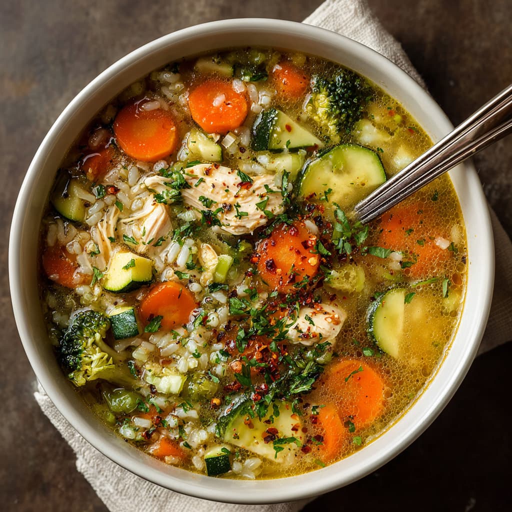 Chicken vegetable soup served in a bowl with parsley and chili flakes.