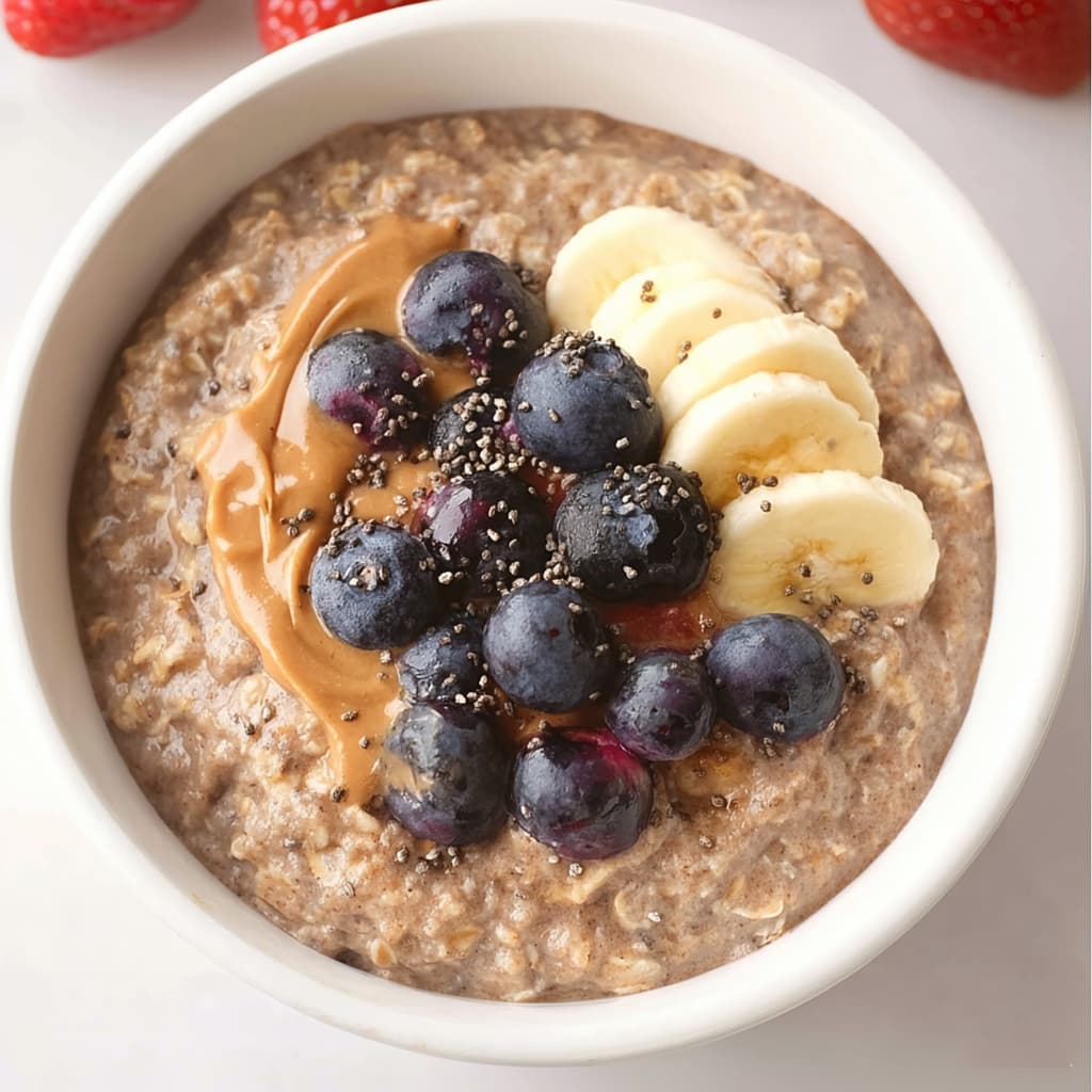 High protein oatmeal with banana slices, blueberries, and chia seeds in a white bowl.