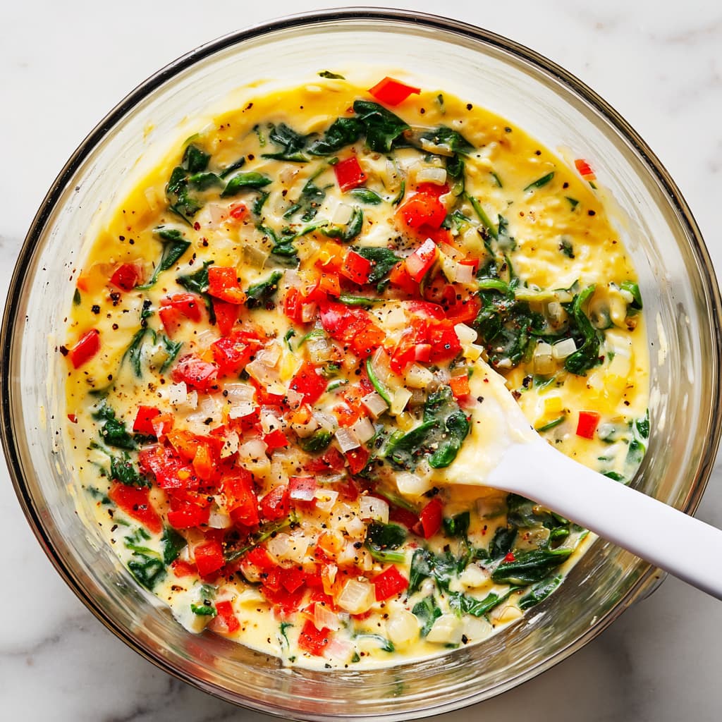 Egg mixture with chopped spinach, diced red bell pepper, and onion being mixed