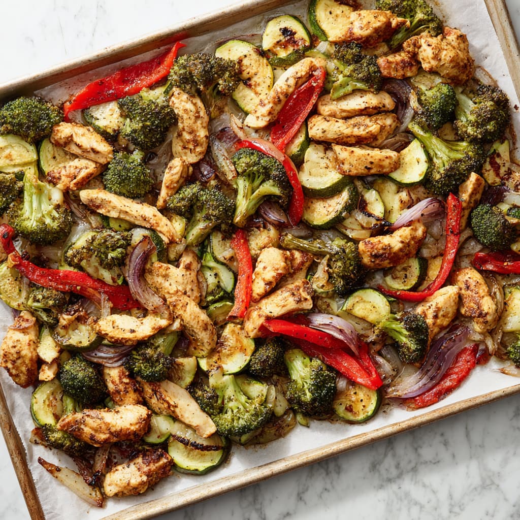 Baked chicken breast strips with roasted vegetables on a parchment-lined sheet pan