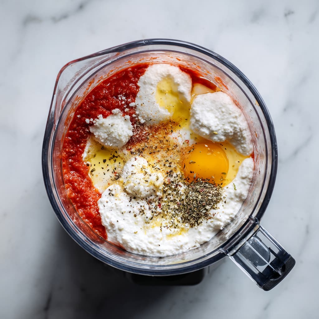 Blending cottage cheese sauce with tomato sauce, eggs, garlic, and seasoning