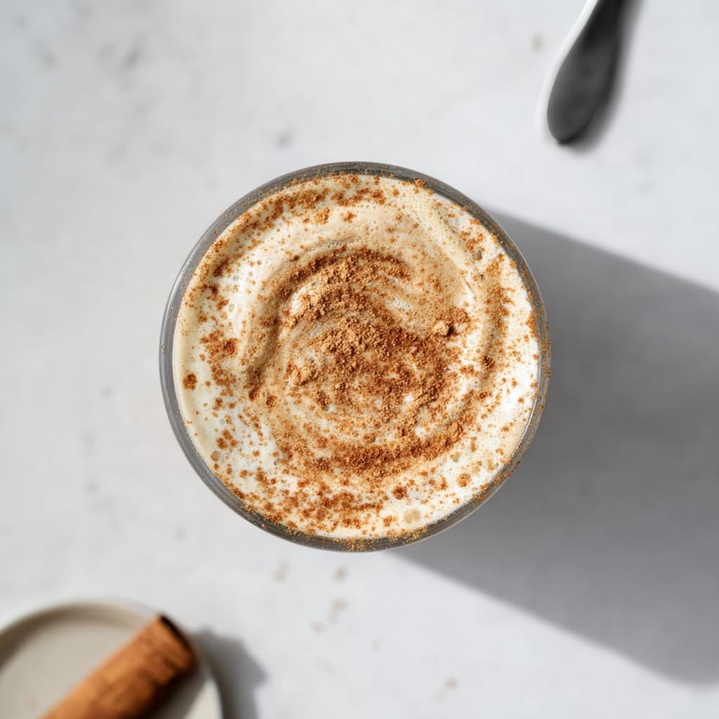 Overhead view of cinnamon protein latte