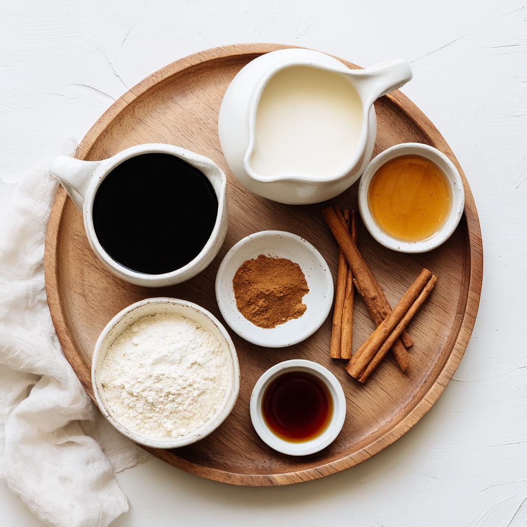 Cinnamon roll protein latte ingredients arranged on a wooden tray, including coffee, almond milk, vanilla protein powder, cinnamon, vanilla extract, and maple syrup