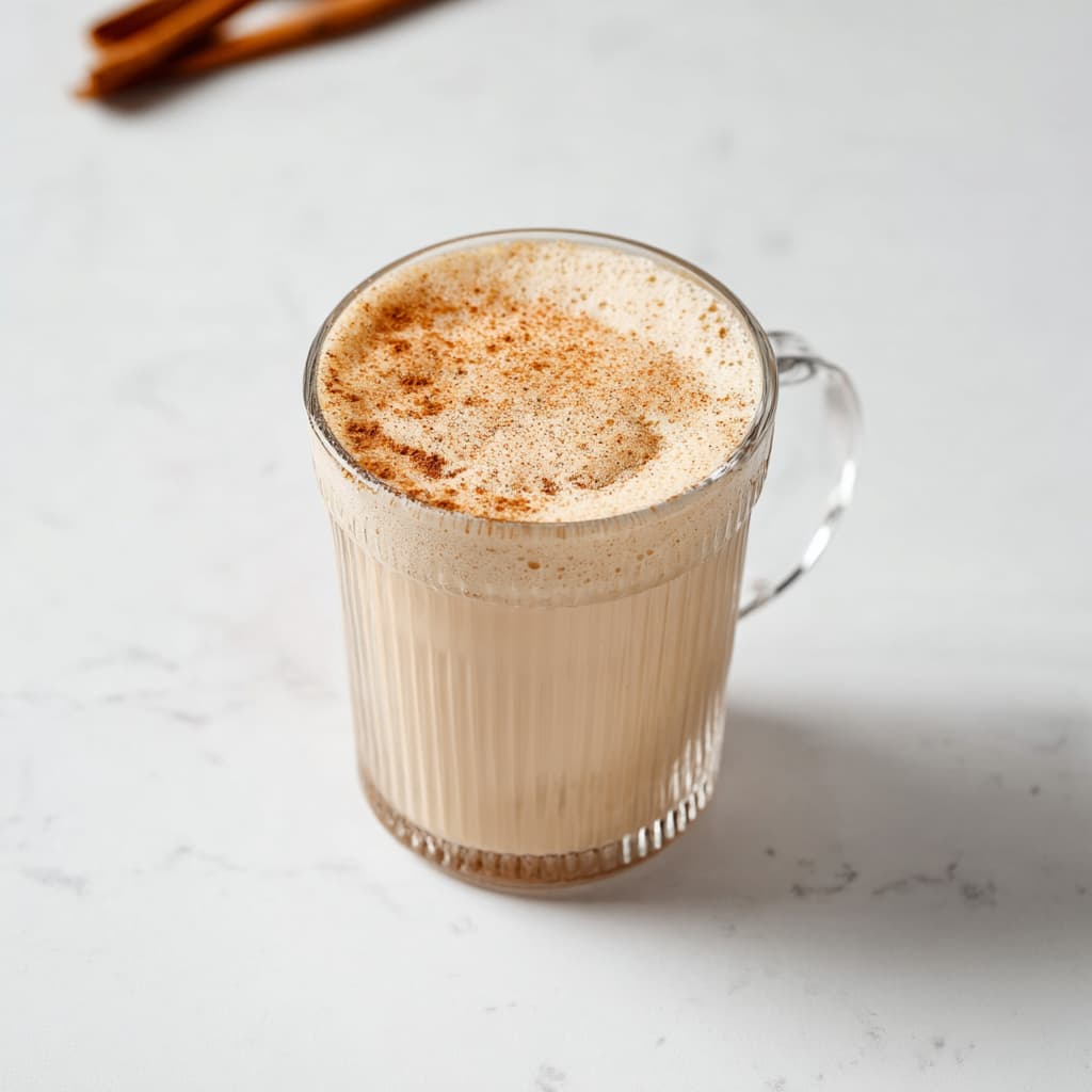Protein milk and coffee combined and topped with cinnamon dust 