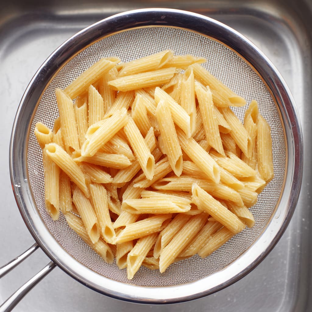 Cooked penne pasta draining in a fine mesh strainer, lightly steaming and pale golden, ready for pasta salad.