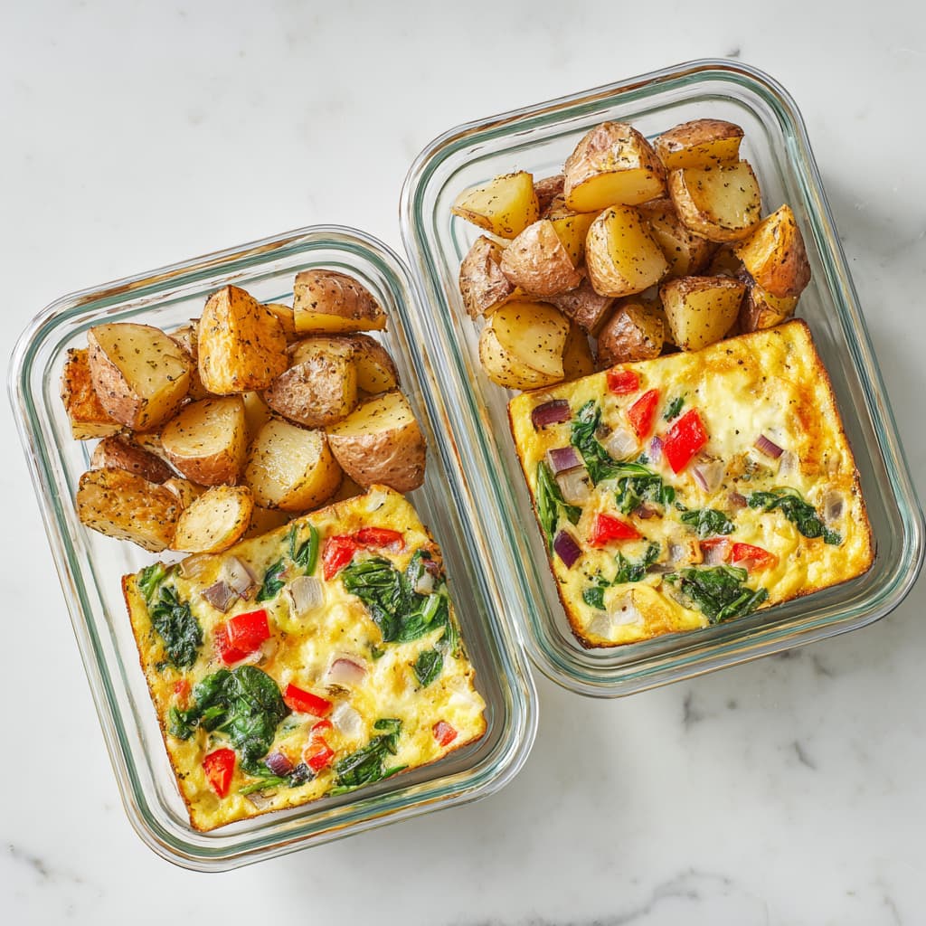 Cottage cheese egg bake with roasted potatoes in glass meal prep containers
