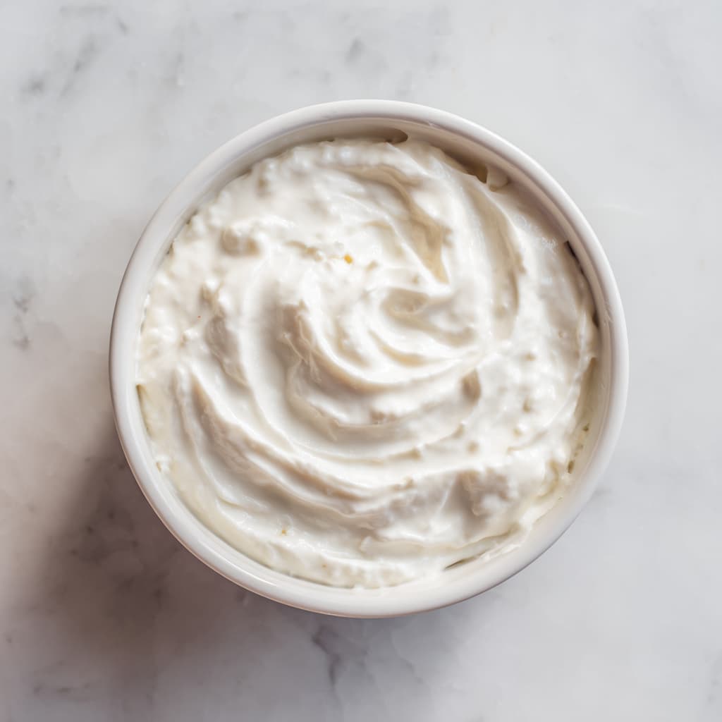 Cottage cheese and Greek yogurt mixed together in a white bowl forming a creamy protein base