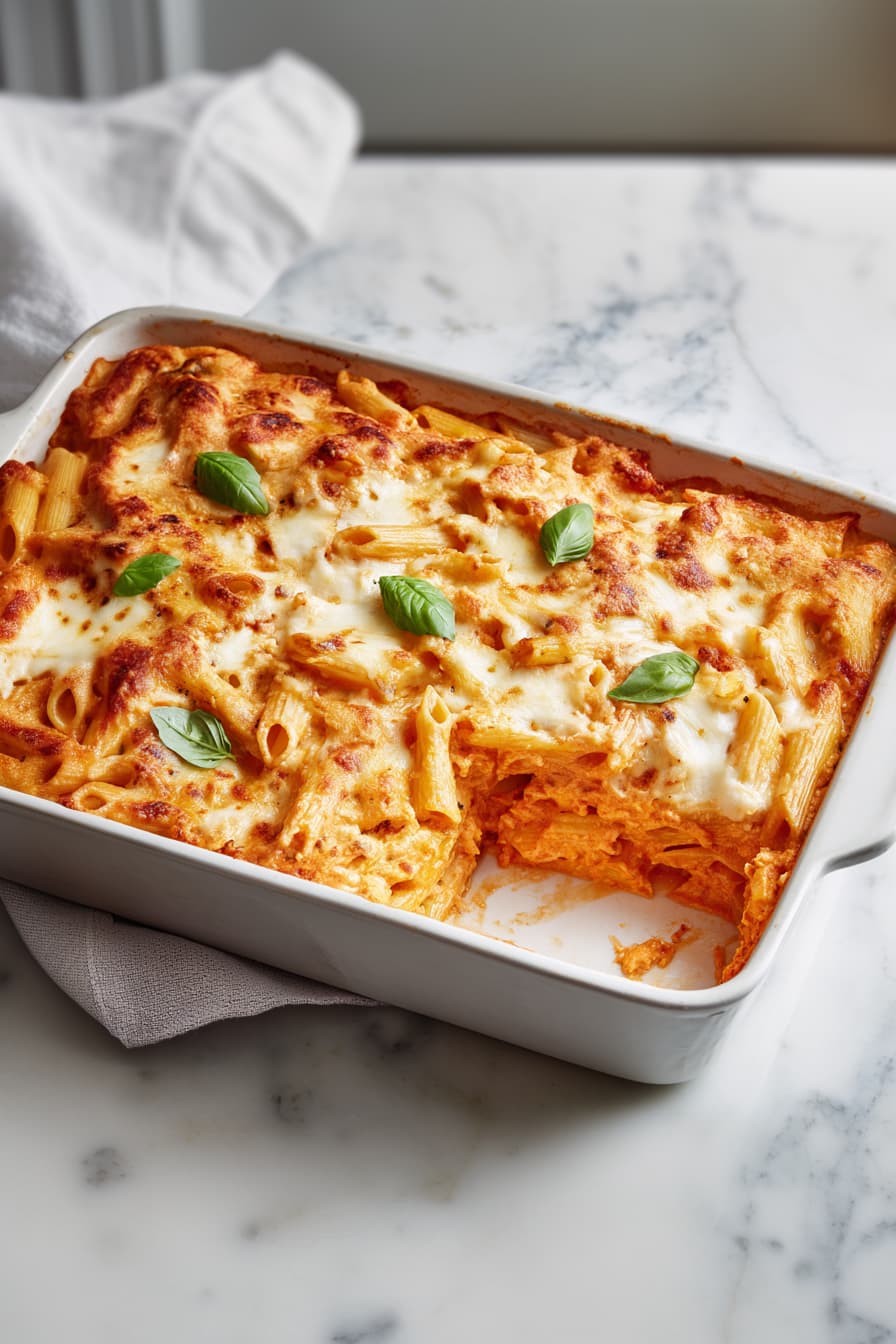Baked cottage cheese pasta bake with penne pasta, creamy tomato cottage cheese sauce, and melted mozzarella in a rectangular baking dish