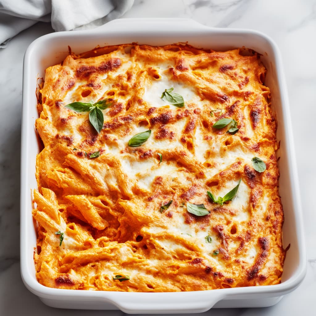 Baked cottage cheese pasta bake with penne pasta, creamy tomato cottage cheese sauce, and melted mozzarella in a rectangular baking dish