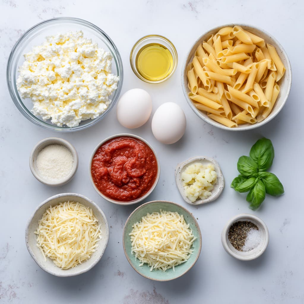 Ingredients for cottage cheese pasta bake including penne pasta, cottage cheese, marinara sauce, mozzarella, parmesan, garlic, olive oil, eggs, and Italian seasoning on a marble surface