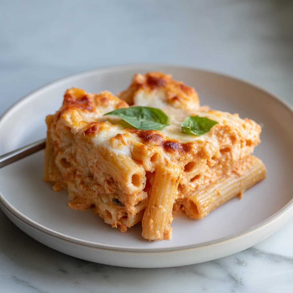 Slice of baked cottage cheese pasta bake served on a white plate with penne pasta and creamy tomato cottage cheese sauce