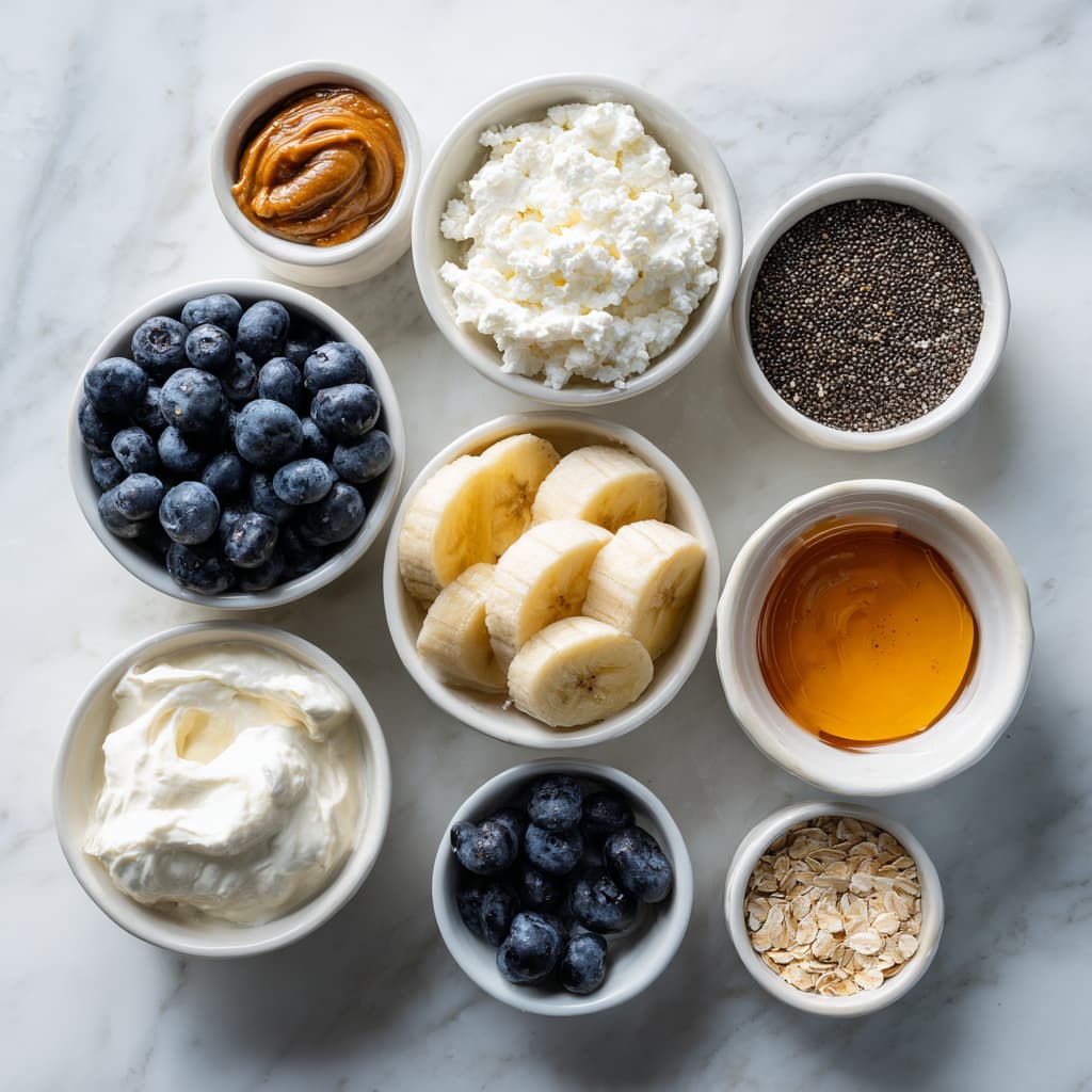 Ingredients lined up on a marble surface, including cottage cheese, Greek yogurt, blueberries, banana, almond butter, chia seeds, cinnamon, and honey