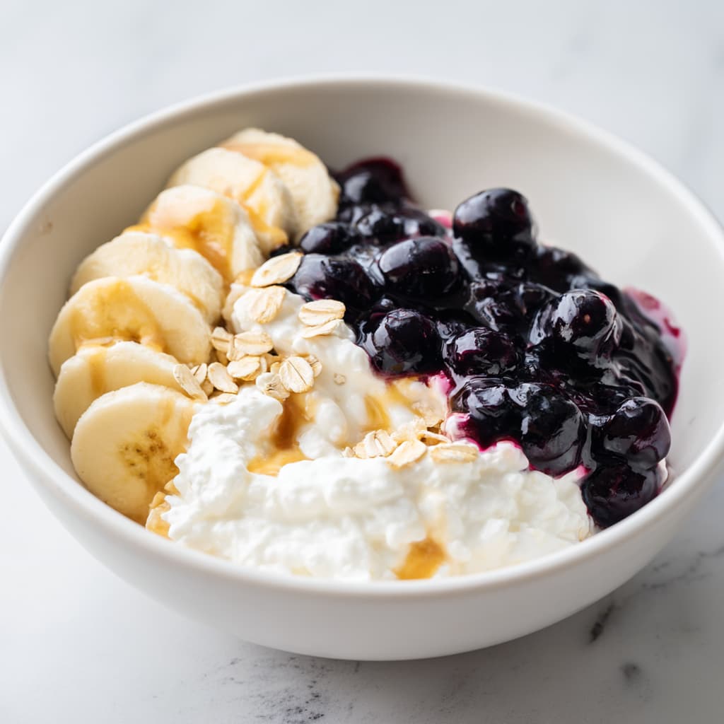 Cottage cheese protein bowl with lightly warmed berries, banana slices, oats, and almond butter showing a flexible high protein base meal