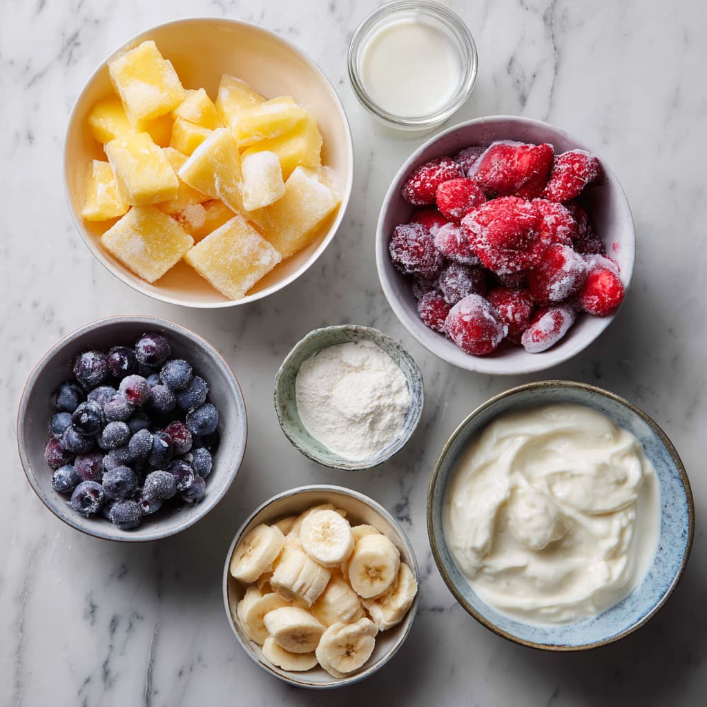 Frozen mango chunks, frozen mixed berries, frozen banana slices, Greek yogurt, vanilla protein powder, and almond milk arranged on a marble surface, showing icy texture and frost on the fruit.