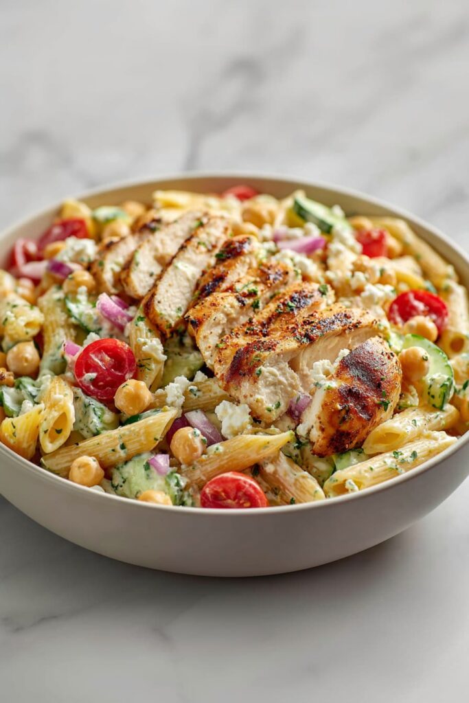 Side close-up of grilled chicken and chickpea pasta salad in a white bowl with creamy dressing.