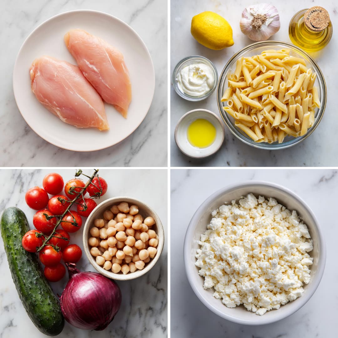 Four-image collage showing raw chicken breast, dry pasta, whole vegetables, chickpeas, and dressing ingredients arranged on a marble surface.