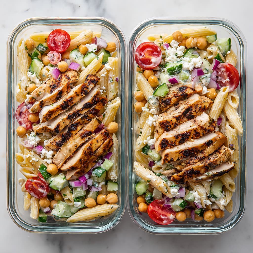 Grilled chicken and chickpea pasta salad portioned into two glass meal prep containers on a marble surface.