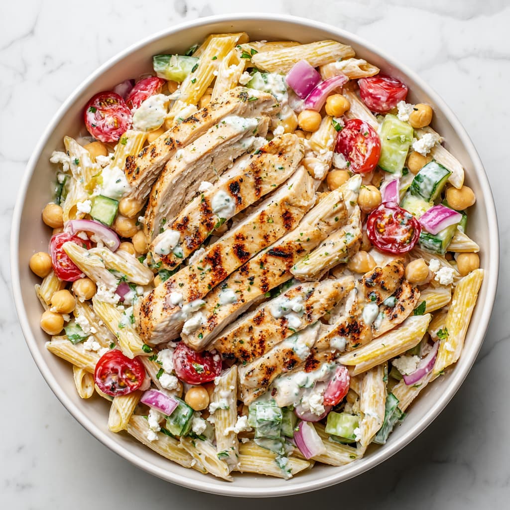 Finished grilled chicken and chickpea pasta salad with feta cheese in a white bowl on a marble surface.