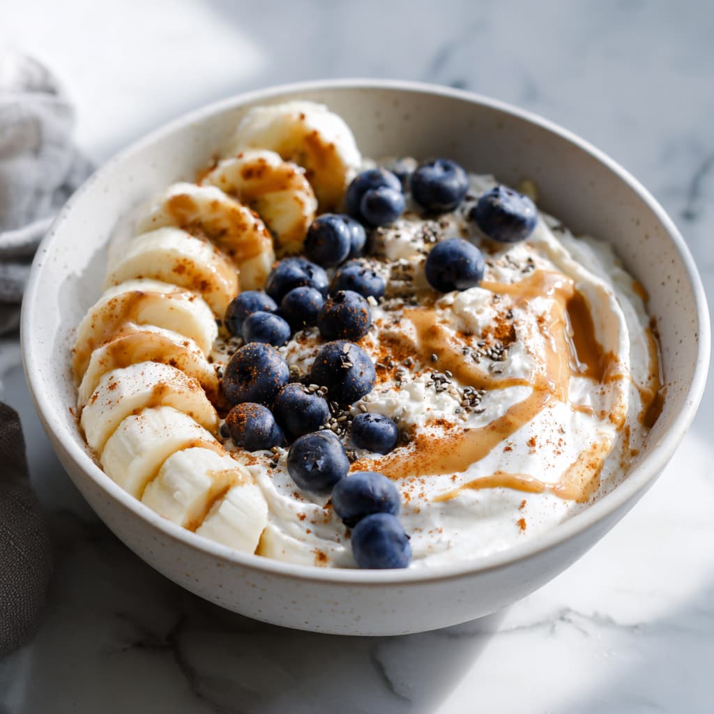 High protein cottage cheese breakfast bowl with Greek yogurt, banana slices, blueberries, almond butter, honey drizzle, chia seeds, and cinnamon in a white bowl
