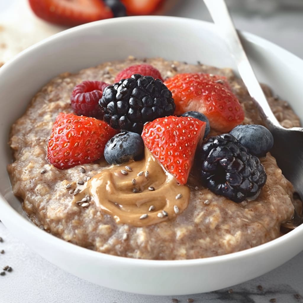 High protein oatmeal topped with strawberries, blueberries, blackberries, chia seeds, and almond butter.