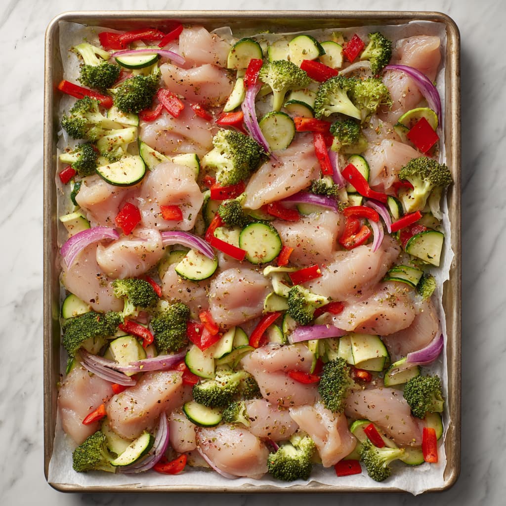 Raw chicken breast strips mixed with seasoned vegetables on a sheet pan before baking