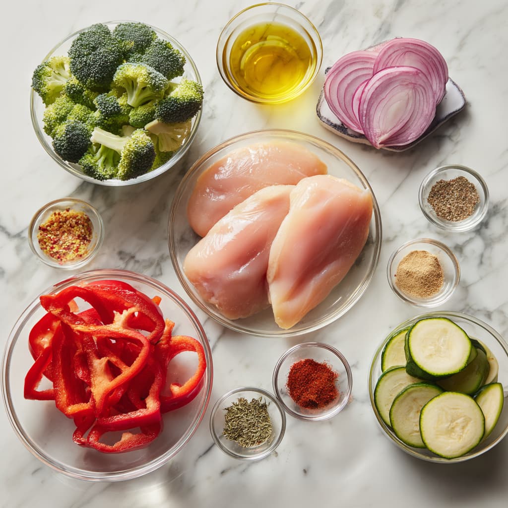 Raw chicken breast strips, fresh vegetables, and spices arranged on a marble surface before cooking