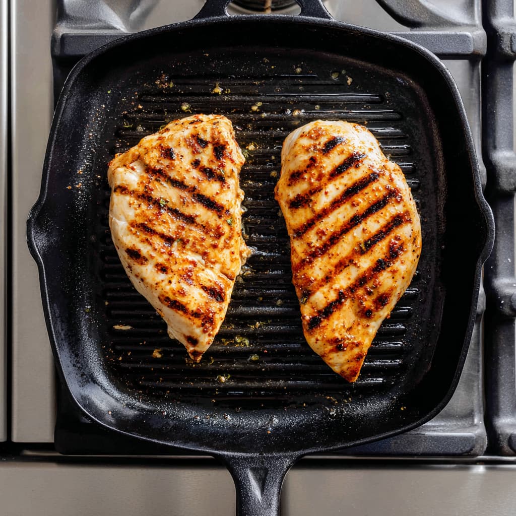 Raw chicken breasts seasoned with smoked paprika, garlic powder, salt, and pepper before grilling.