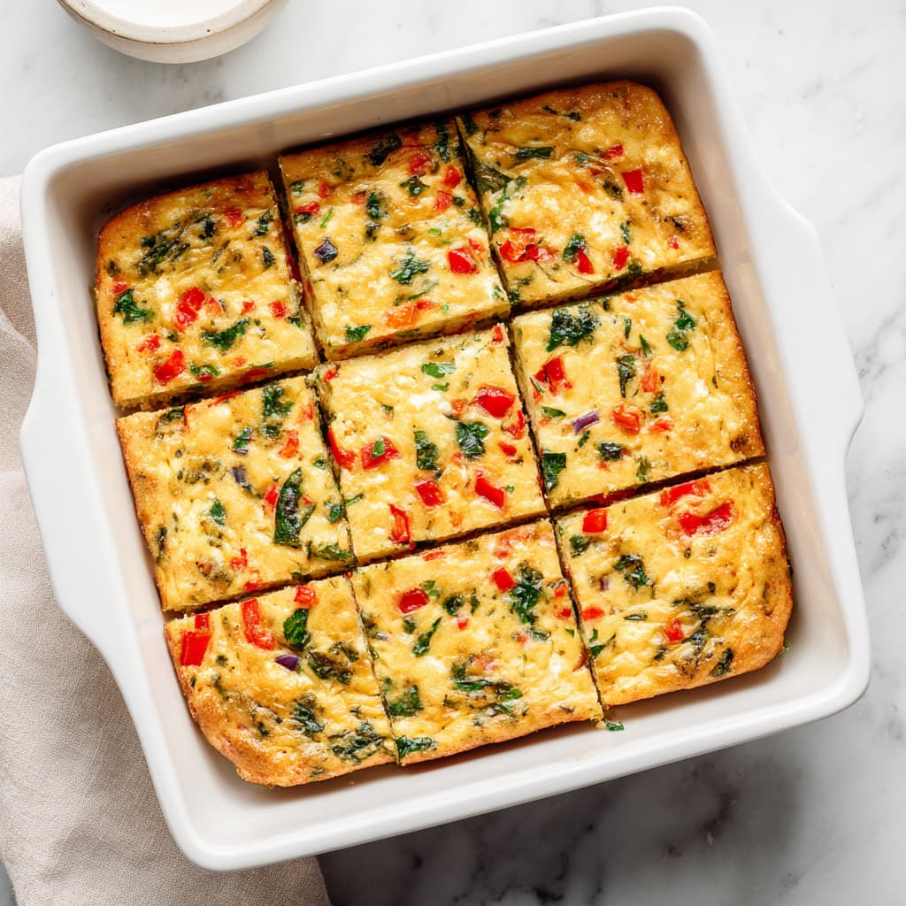Sliced cottage cheese egg bake with spinach and red bell pepper resting after baking