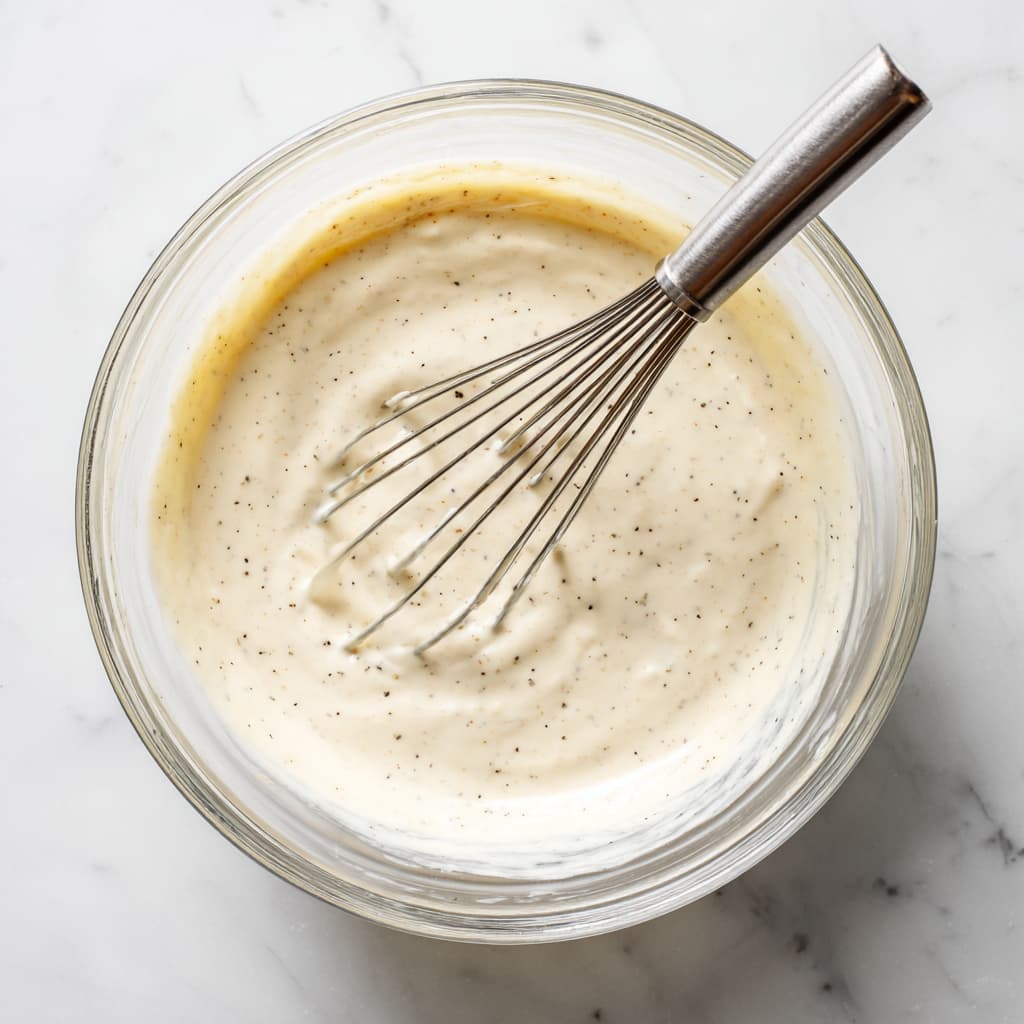 Smooth lemon Greek yogurt dressing fully mixed in a bowl with a creamy, uniform texture.