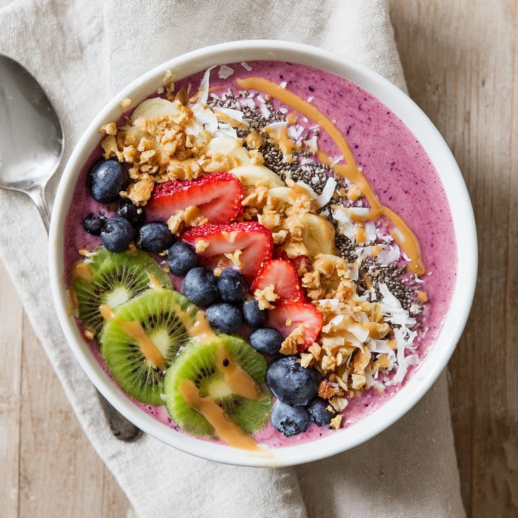 overhead view of smoothie protein bowl topped with berries, granola, chia , almond butter and banana slices