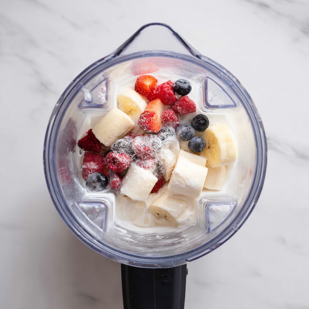 Blender jar viewed from above with almond milk, Greek yogurt, frozen banana, mango, mixed berries, and protein powder arranged before blending