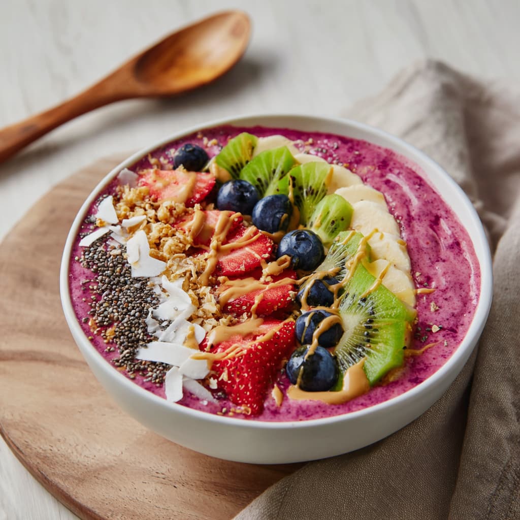 overhead view of smoothie protein bowl topped with berries, granola, chia , almond butter and banana slices