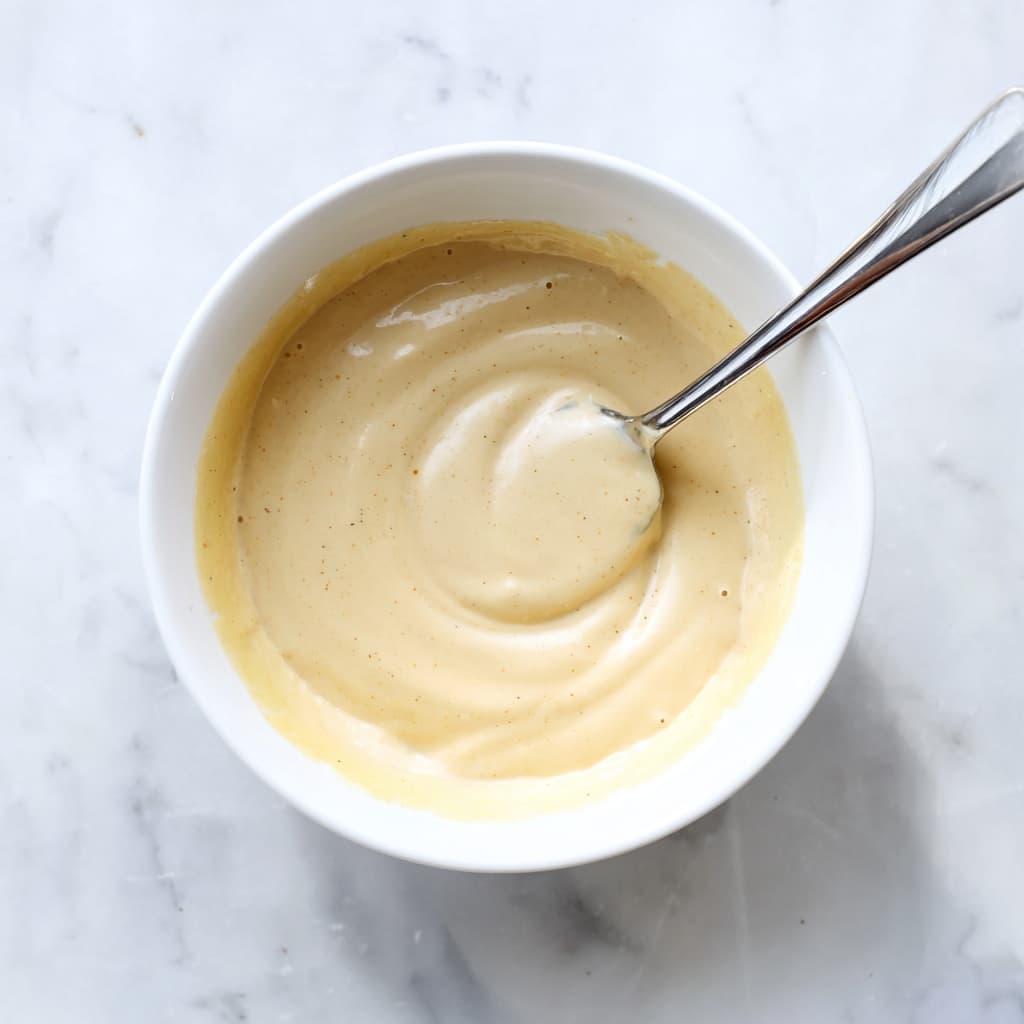 Tahini sauce made with tahini, lemon juice, and water mixed until smooth and pourable