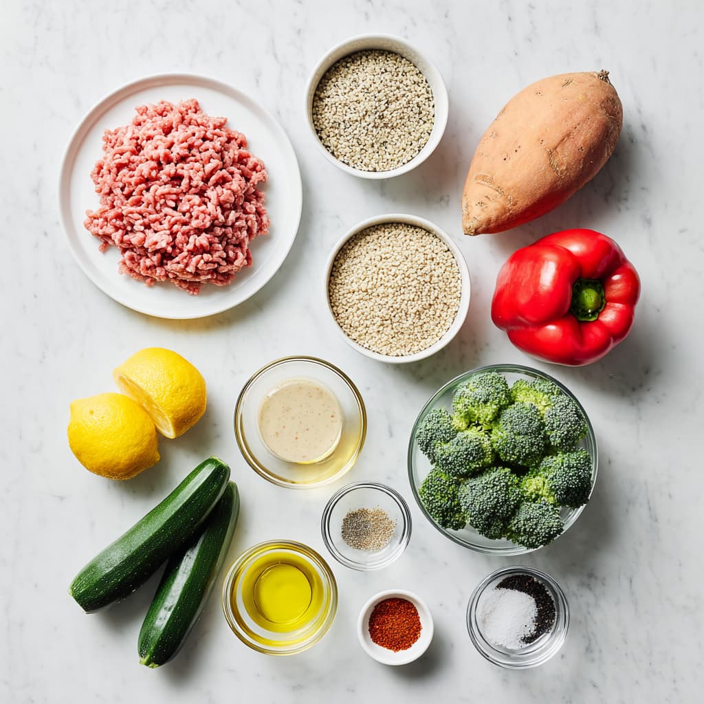Raw ingredients for a veggie and turkey buddha bowl including ground turkey, sweet potatoes, broccoli, red bell pepper, zucchini, and dry quinoa arranged on a marble surface